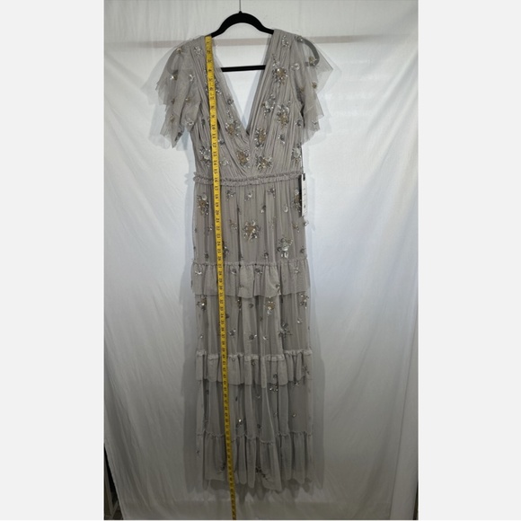 NWT $598 Mac Duggal [ 6 ] Ruffle Tiered Embellished Flutter Sleeve Gown‎ Grey - Picture 5 of 15